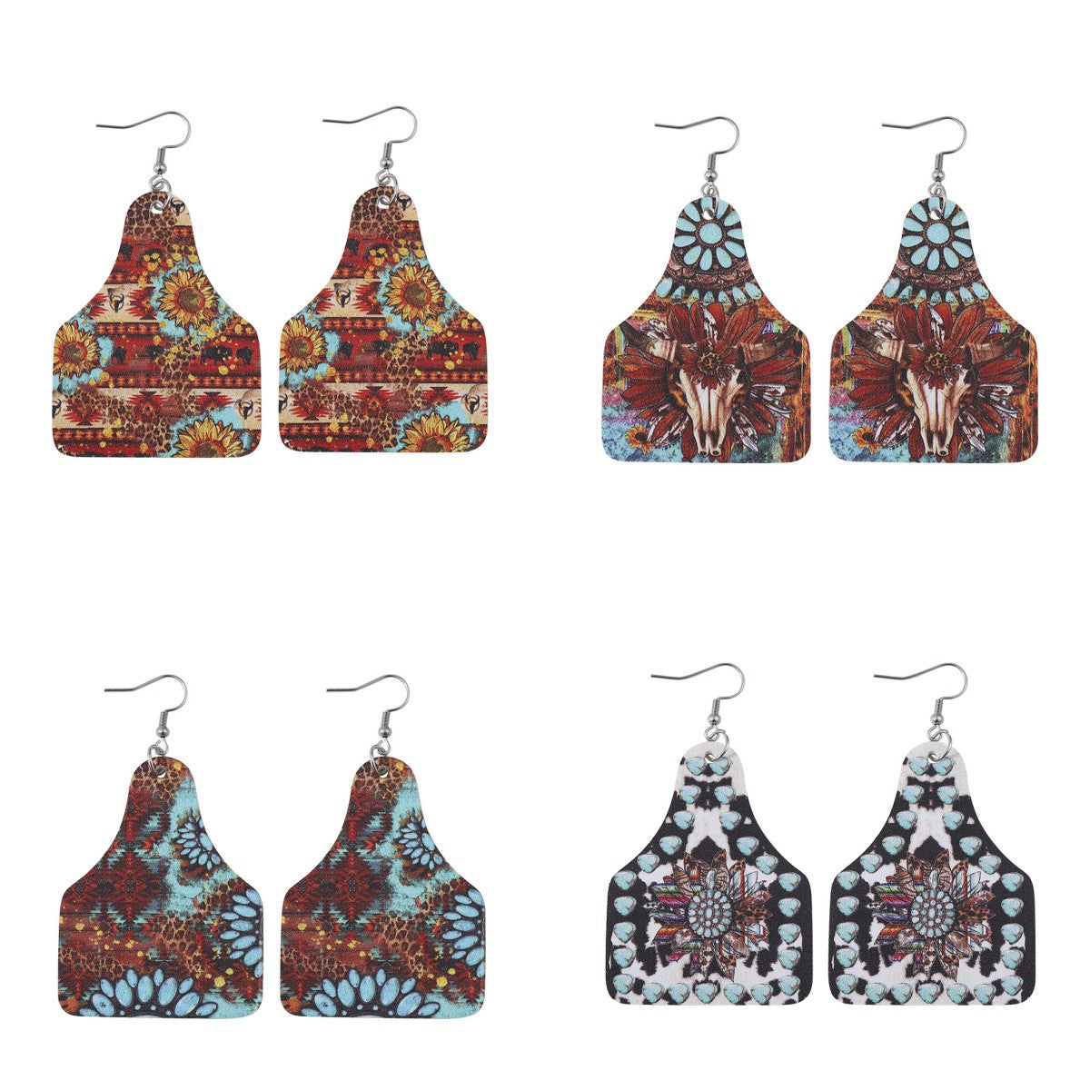 Wholesale Western Cowboy Turquoise Leopard Print  Double-Sided Leather Earrings